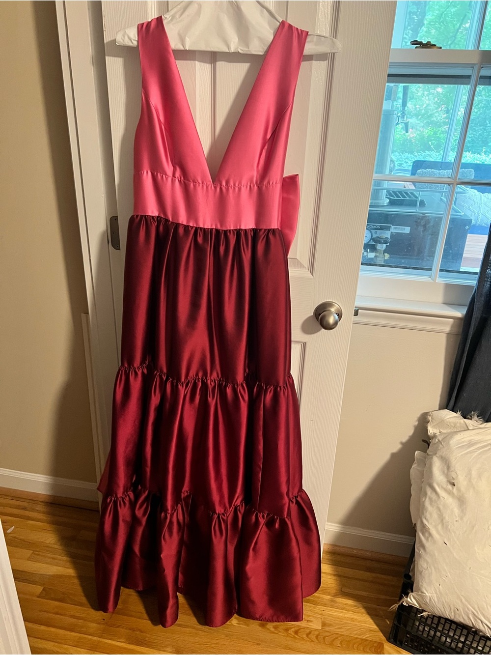 Hutch Two-Tone Pink and Burgundy Satin V-Neck Tiered Maxi Dress